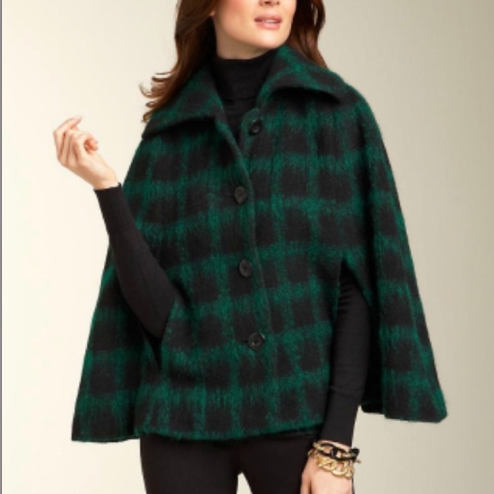 Talbots Green and Black Plaid Wool Cape Coat